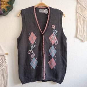 The Villager Vintage Argyle Paisley Scalloped Trim Gray Sweater Vest Size Medium